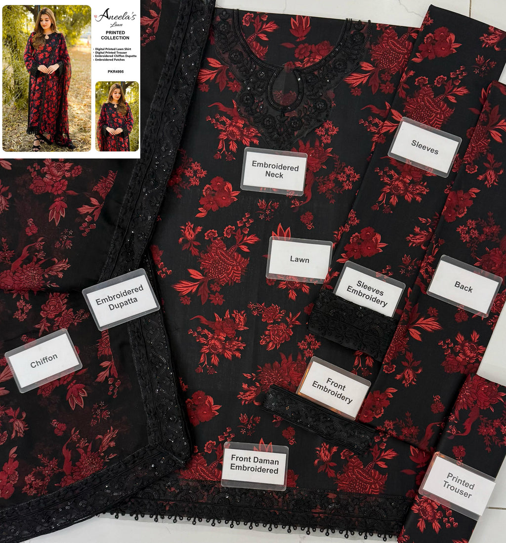 Aneela's Maroon Black Luxury Lawn Embroidered 3Piece Unstitched