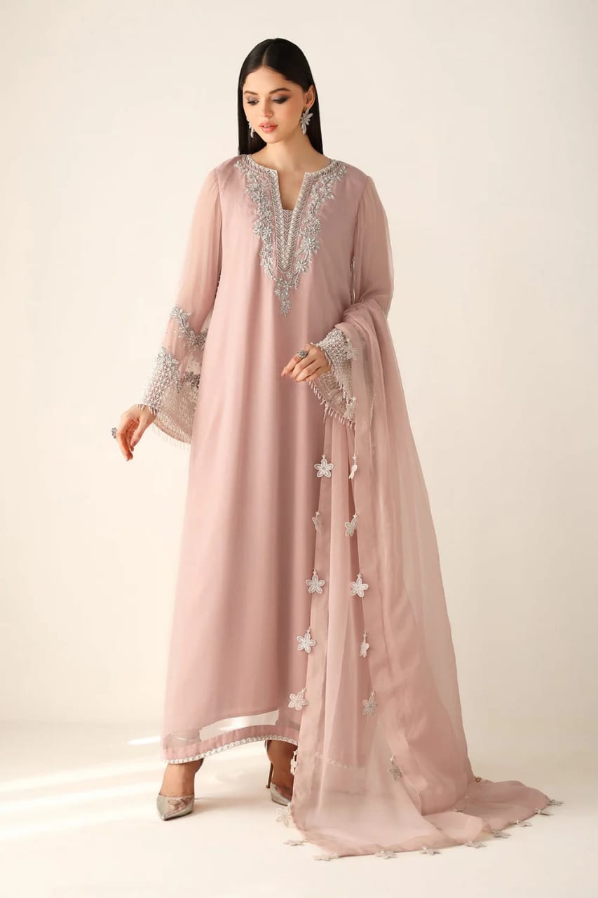 Barouqe Peach Chiffon Embroidered & Hand Embellished 3 Piece Unstiched