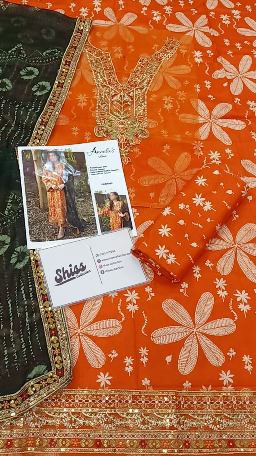 Aneela' Green Orange Printed Luxury Lawn Embroidered 3Piece Unstitched