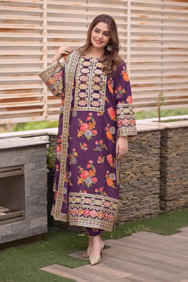 Aneela's Magetna Luxury Silk Digital Print Embroidered 3Piece Unstitched