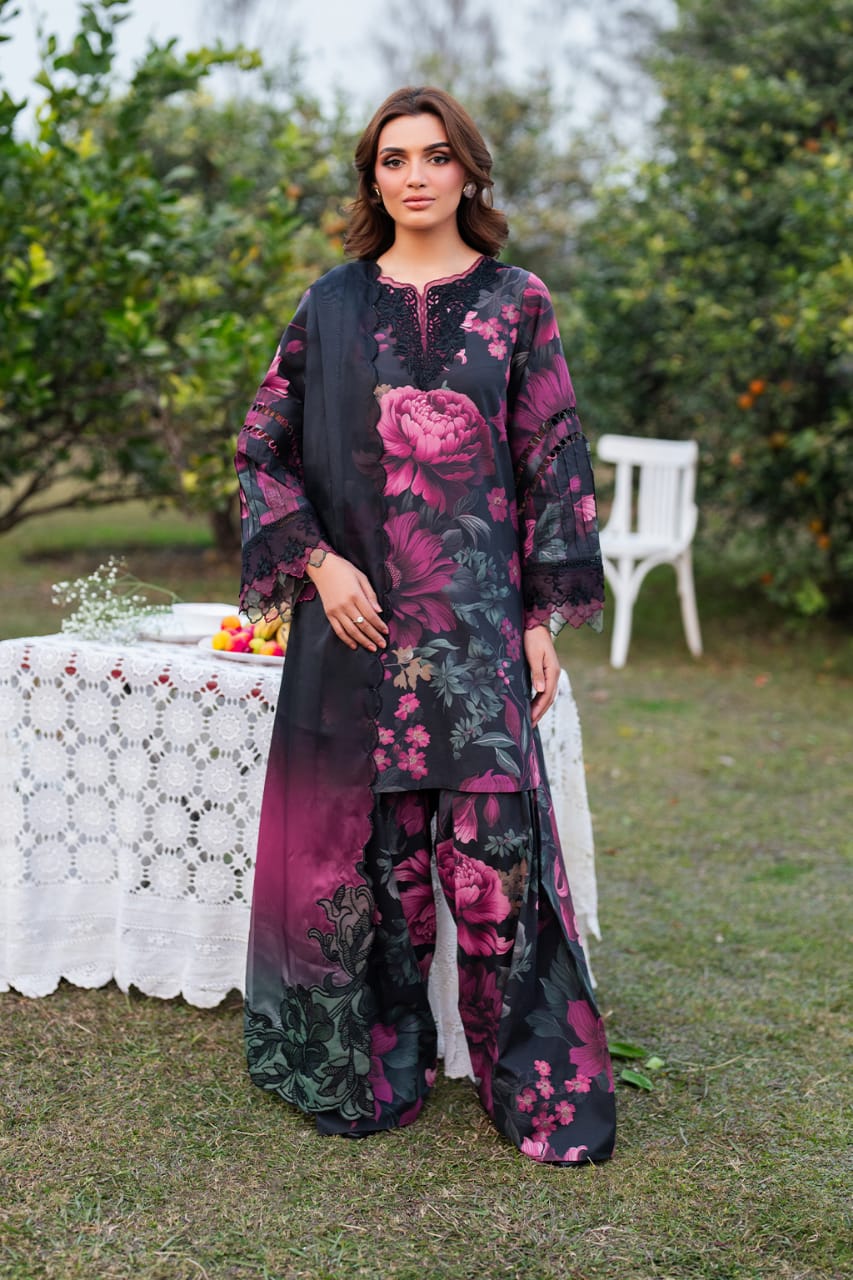 Iznik Black Purple Floral Digital Printed Lawn With Chiffon Duptta Emb Unstitched SC-1317