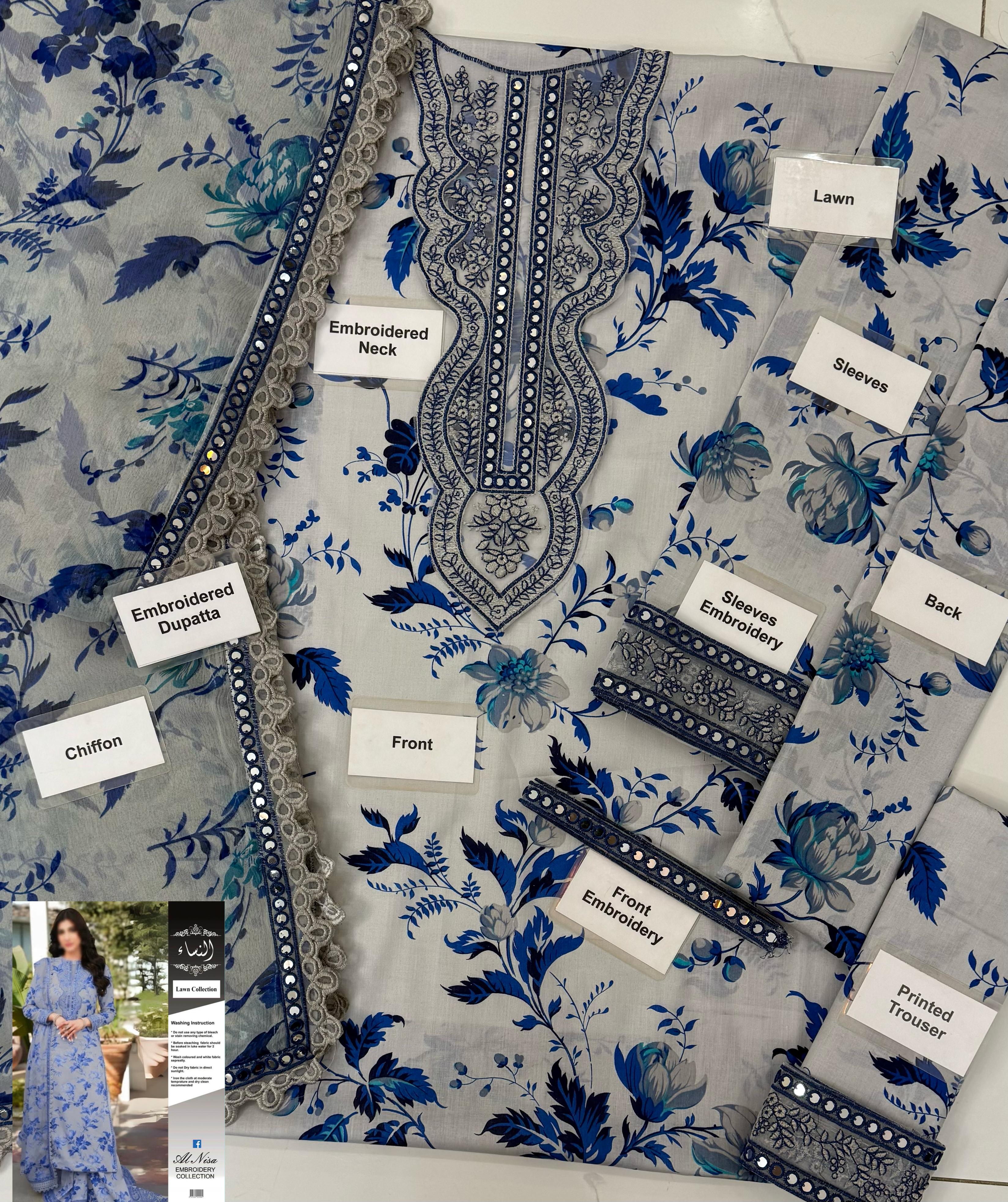 Aneela's Blue Gray Print Luxury Lawn Embroidered 3Piece Unstitched