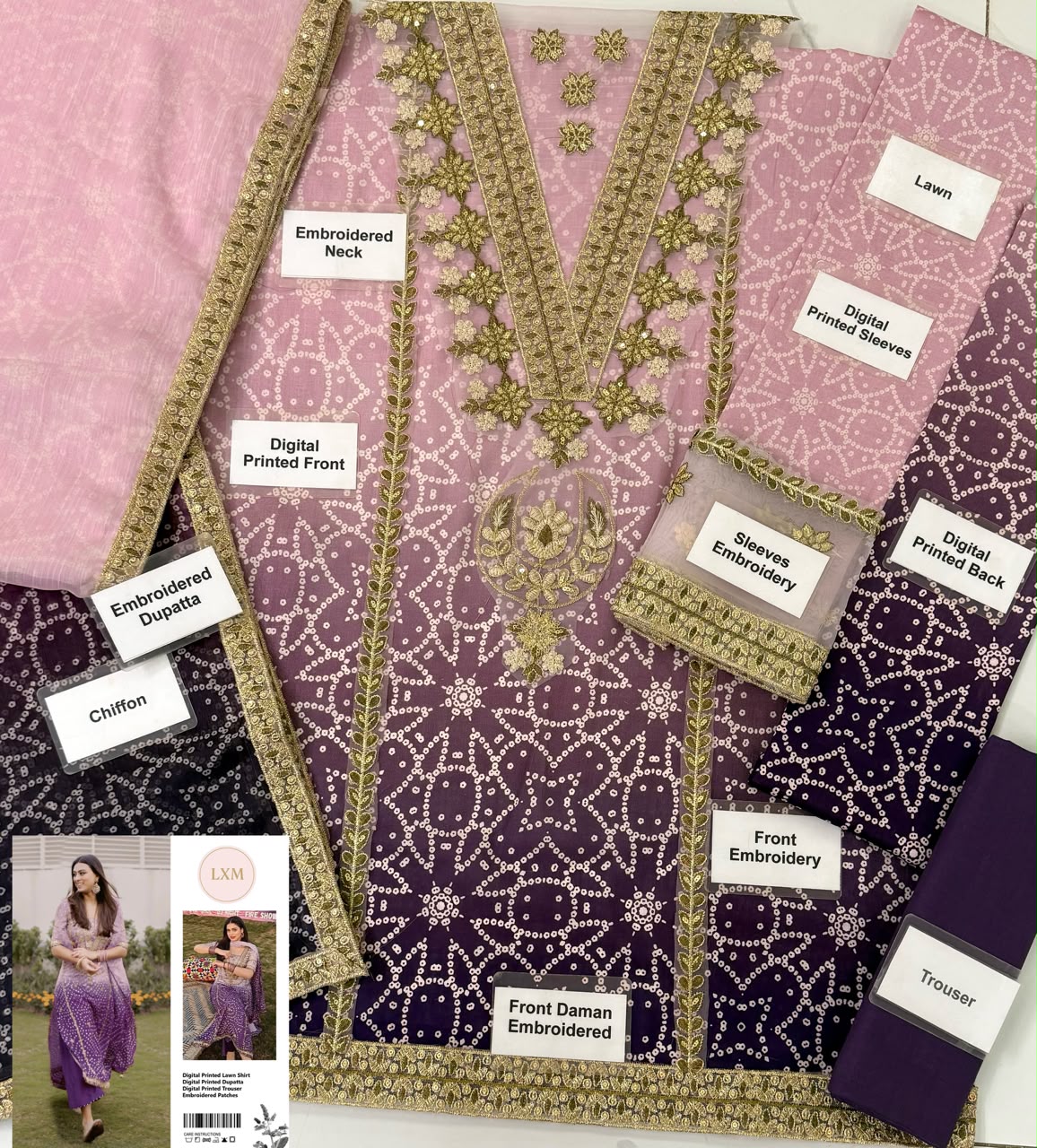 Lxm Purple Printed Lawn New Arrival Embroidry 3 Piece Unstitched