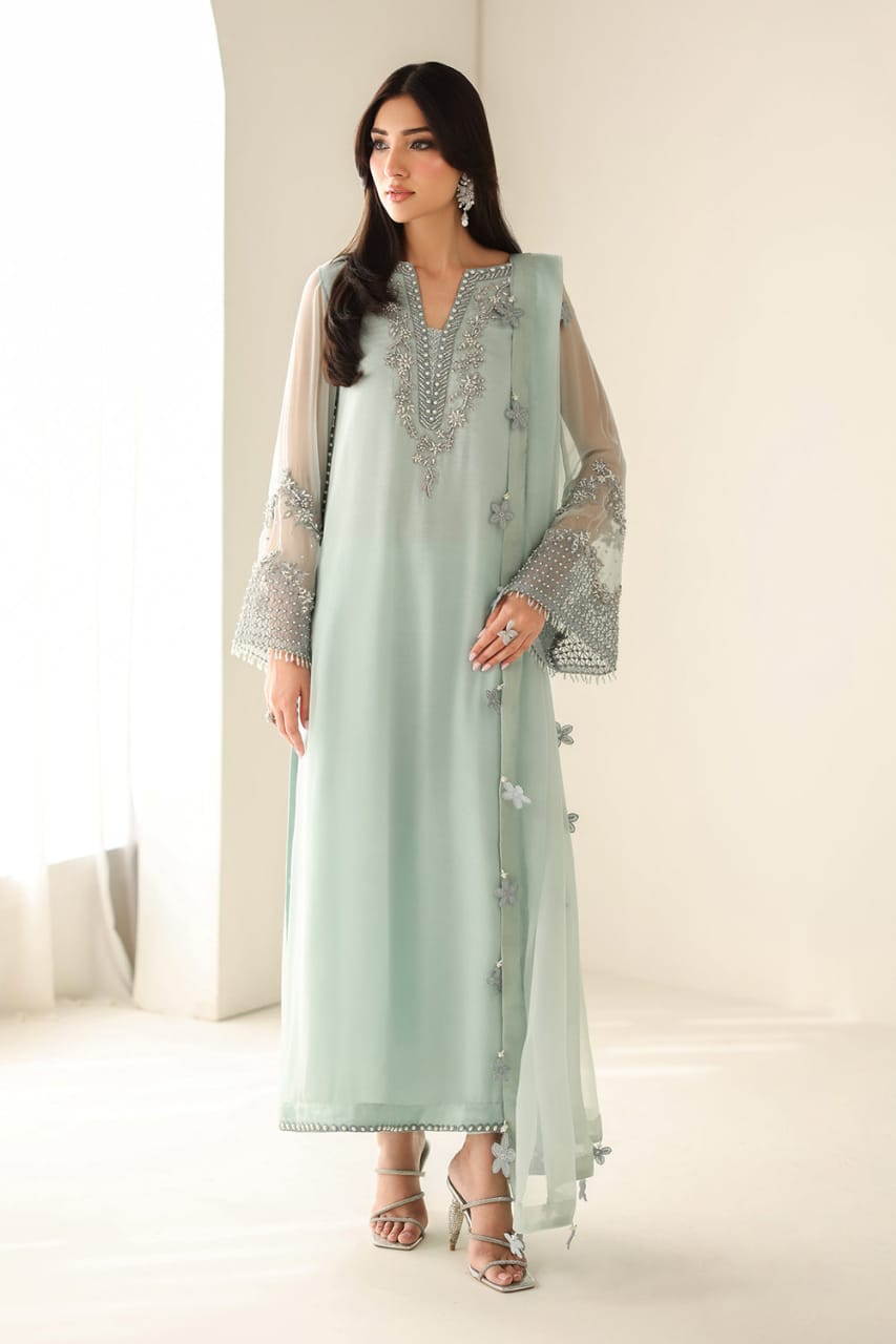 Barouqe Green Chiffon Embroidered & Hand Embellished 3 Piece Unstiched