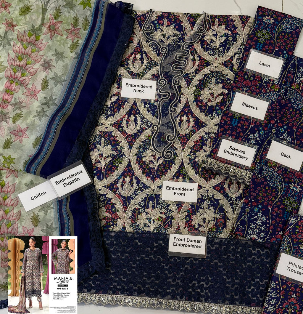 Maria B 3=B Blue Full Printed Lawn Summer'26 Embroidered 3Piece Unstitched