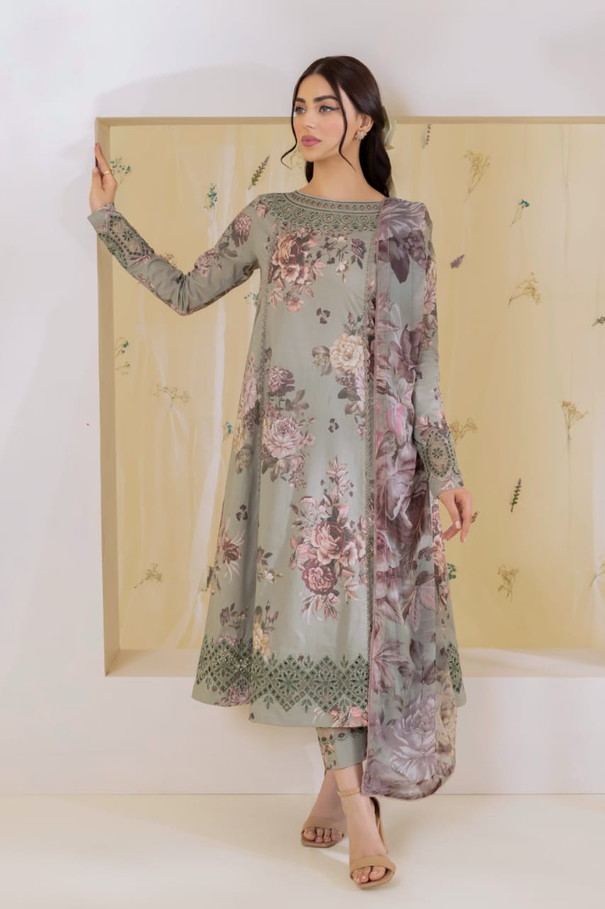 Iznik Green Pure Lawn Print & Embroidery Collection 3pc SC 1093