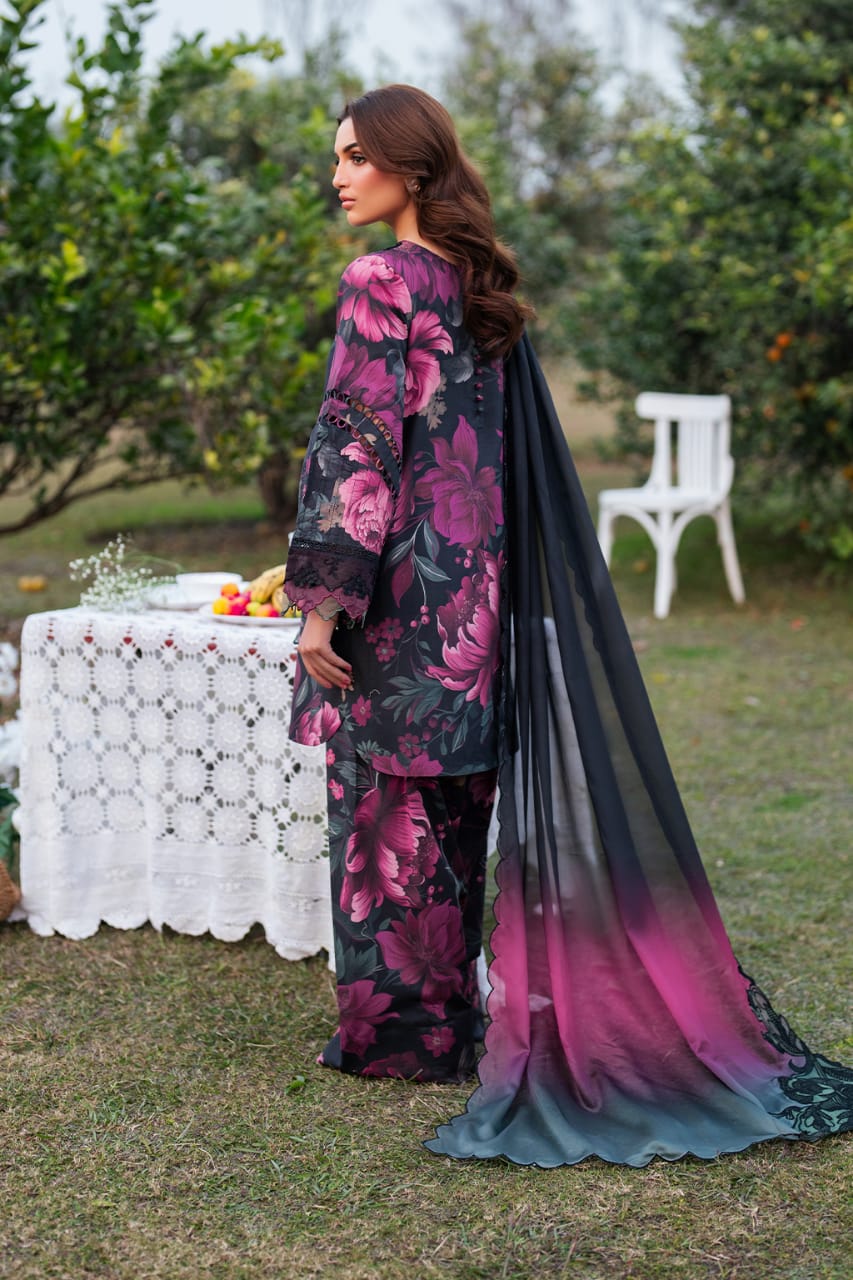 Iznik Black Purple Floral Digital Printed Lawn With Chiffon Duptta Emb Unstitched SC-1317