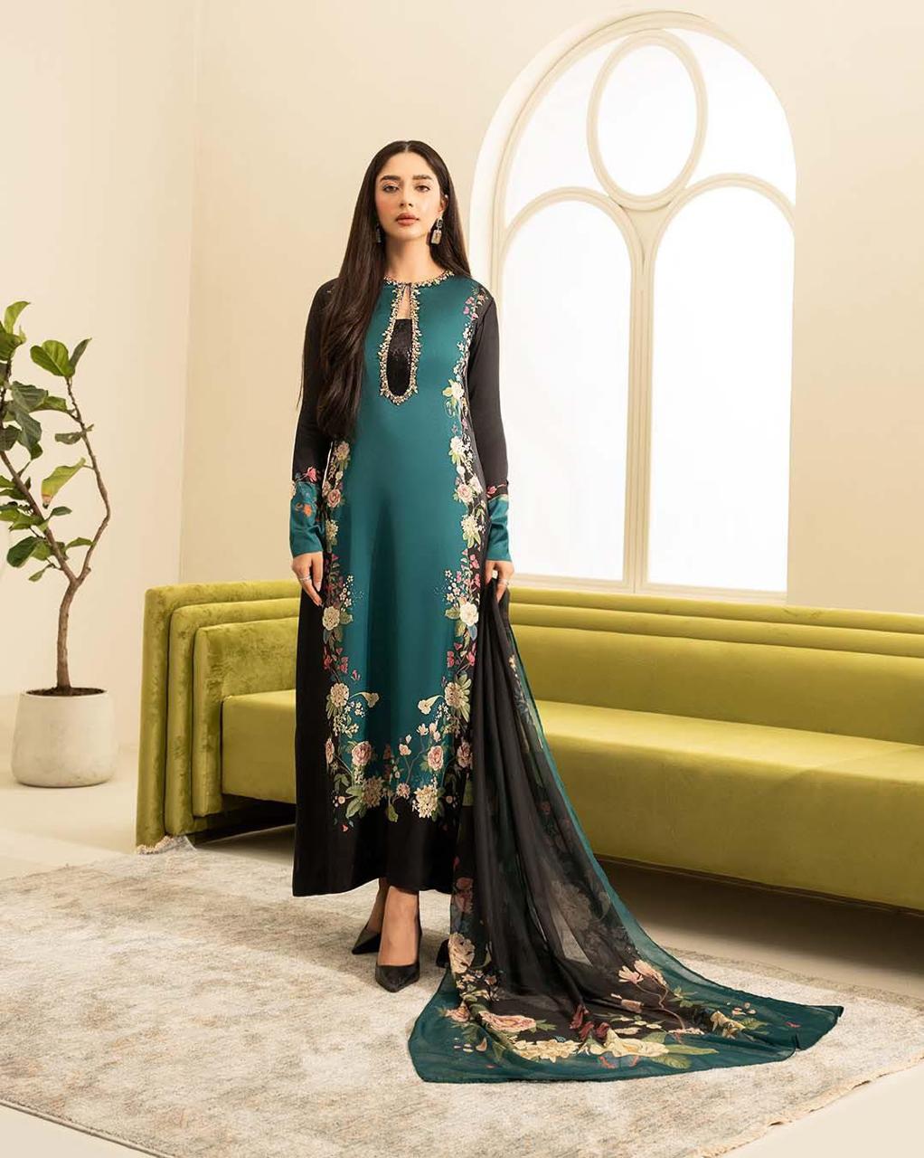 Lulusar Black & Green Silk Digital Hand Work Party Wear Collection 3pc SC 1102