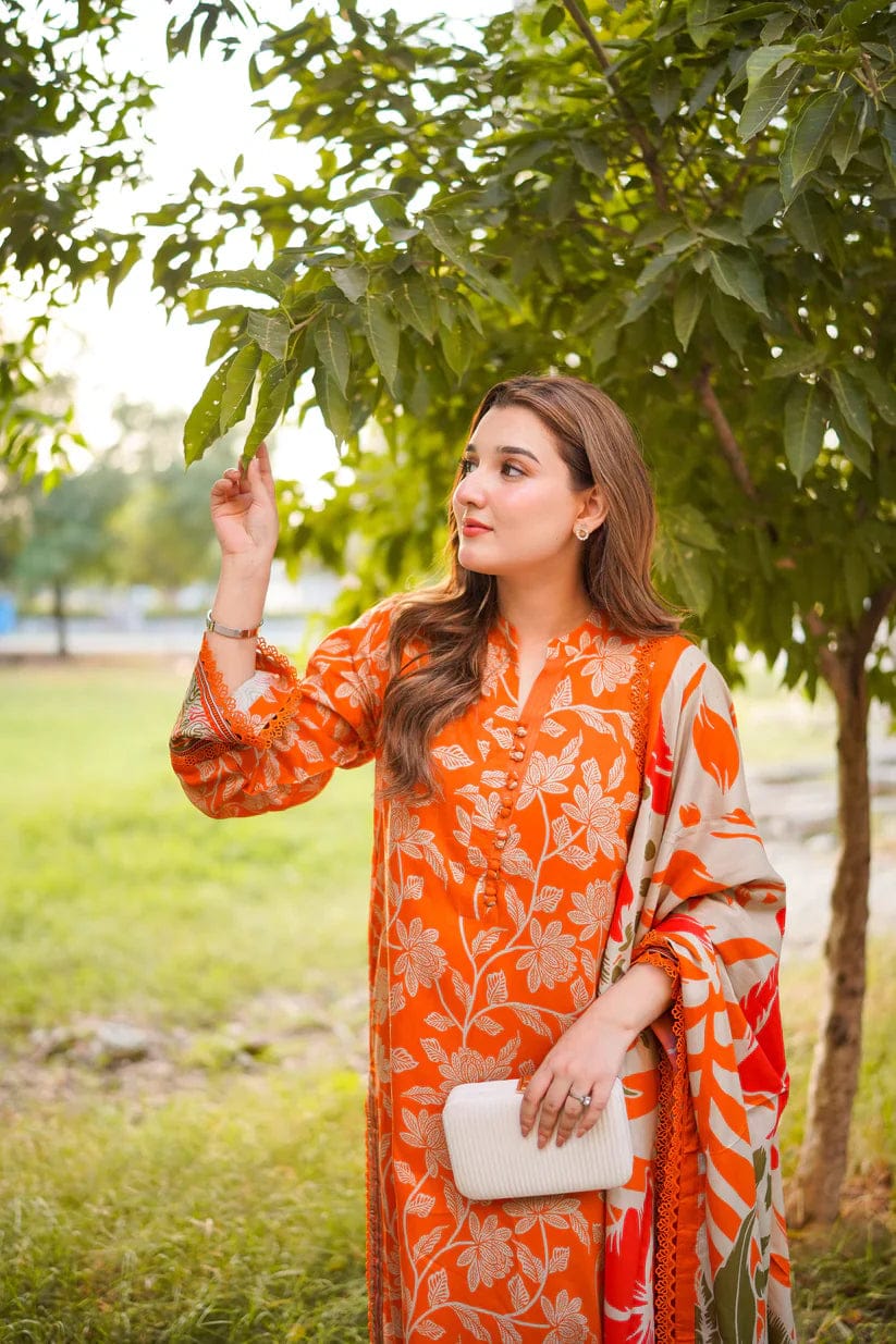 Aneela's orange Printed Luxury Lawn Embroidered 3Piece Unstitched