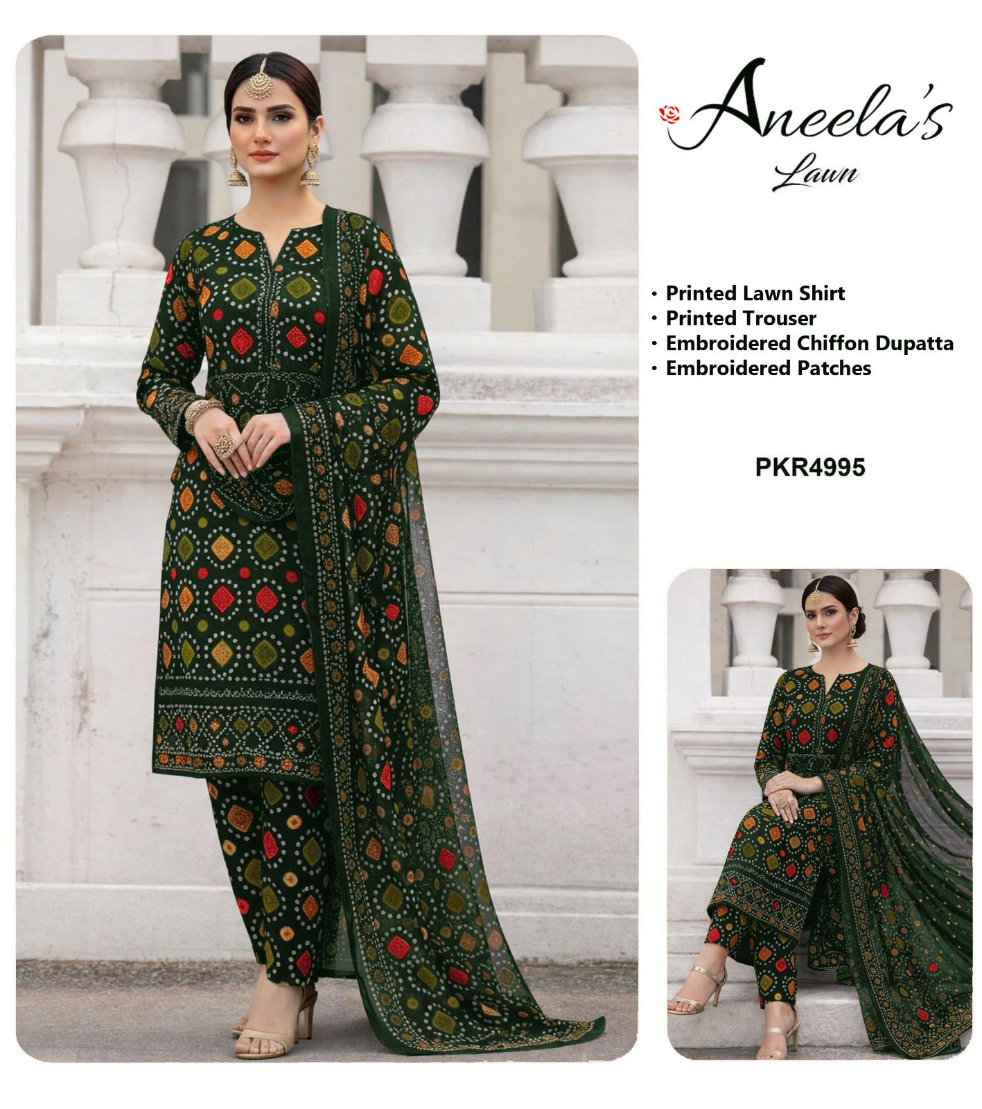 Aneela's Chundri Green Printed Lawn Embroidered 3Piece Unstitched