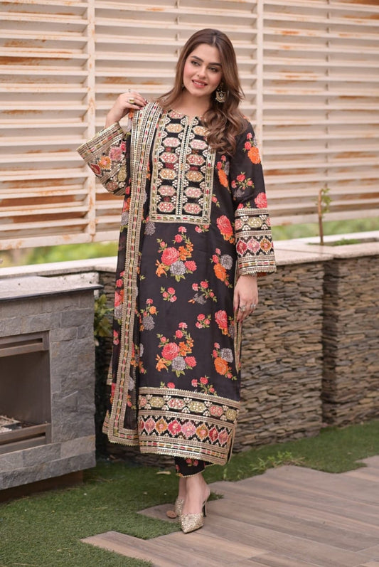 Aneela's Black Luxury Silk Digital Print Embroidered 3Piece Unstitched  SC-1330