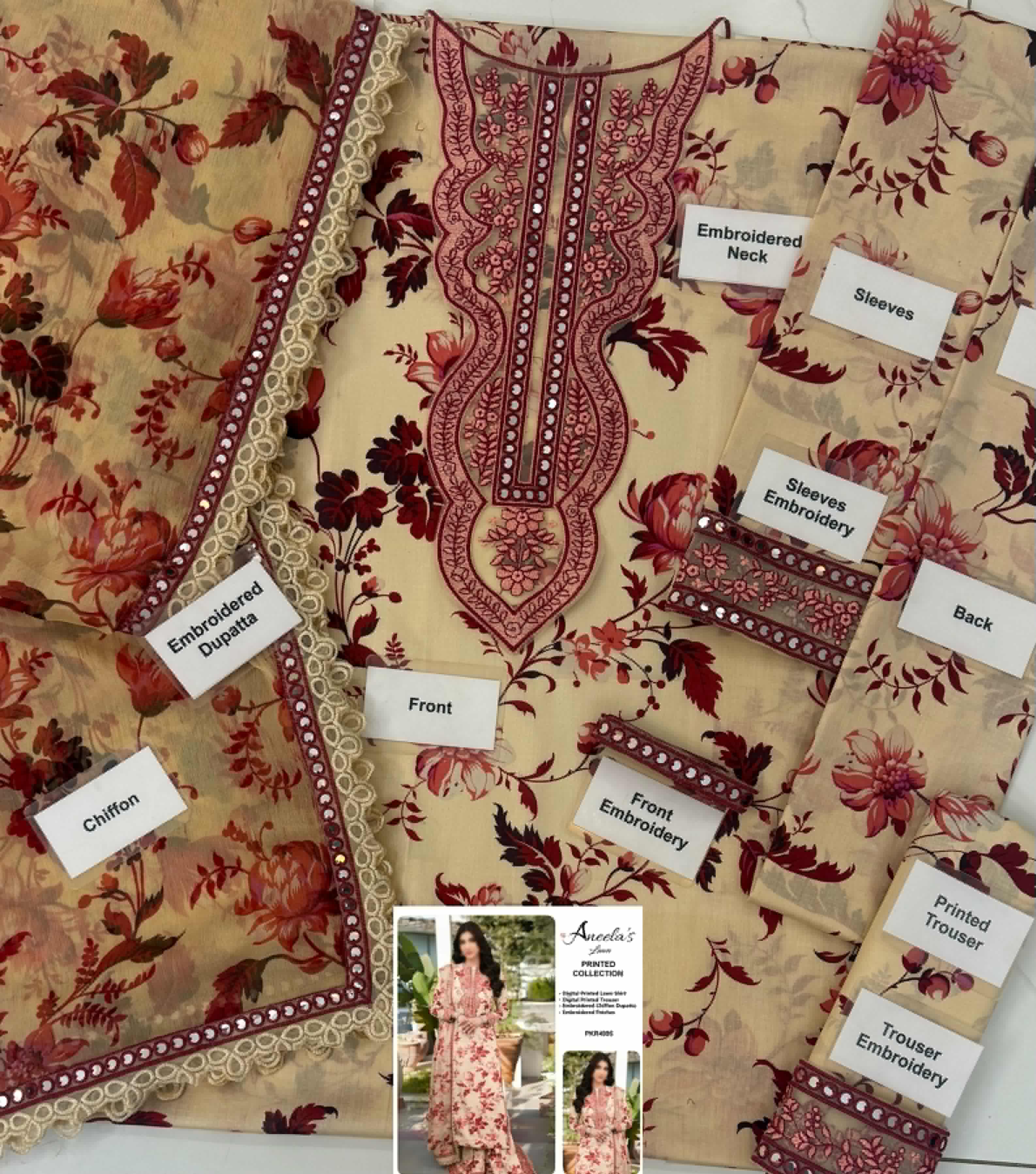 Aneela's Skin Maroon Print Luxury Lawn Embroidered 3Piece Unstitched