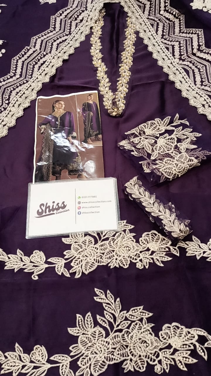Zarsha Purple Silk Hand Work Party Wear Collection 3pc Unstitched  SC-1325