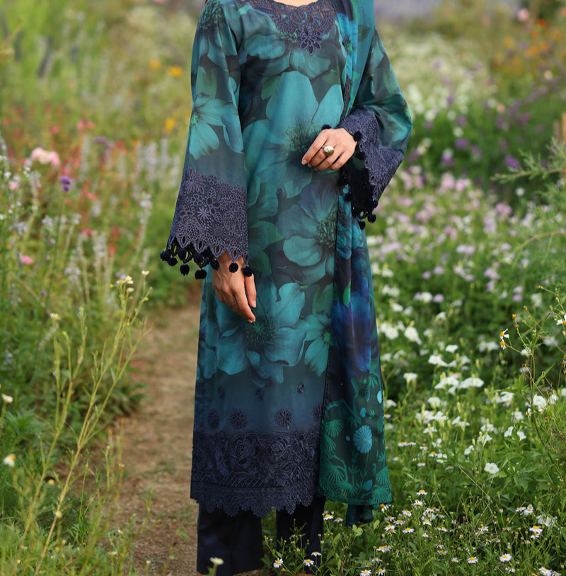 Baroque Navy Blue Lawn Digital Print Embroidery 3piece Unstitched