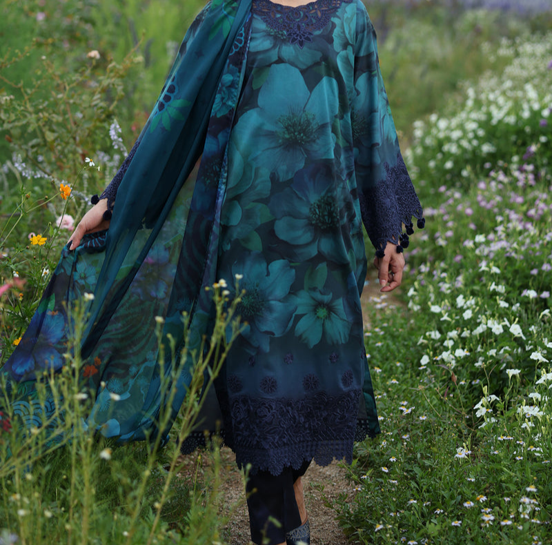 Baroque Navy Blue Lawn Digital Print Embroidery 3piece Unstitched