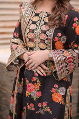 Aneela's Black Luxury Silk Digital Print Embroidered 3Piece Unstitched  SC-1330