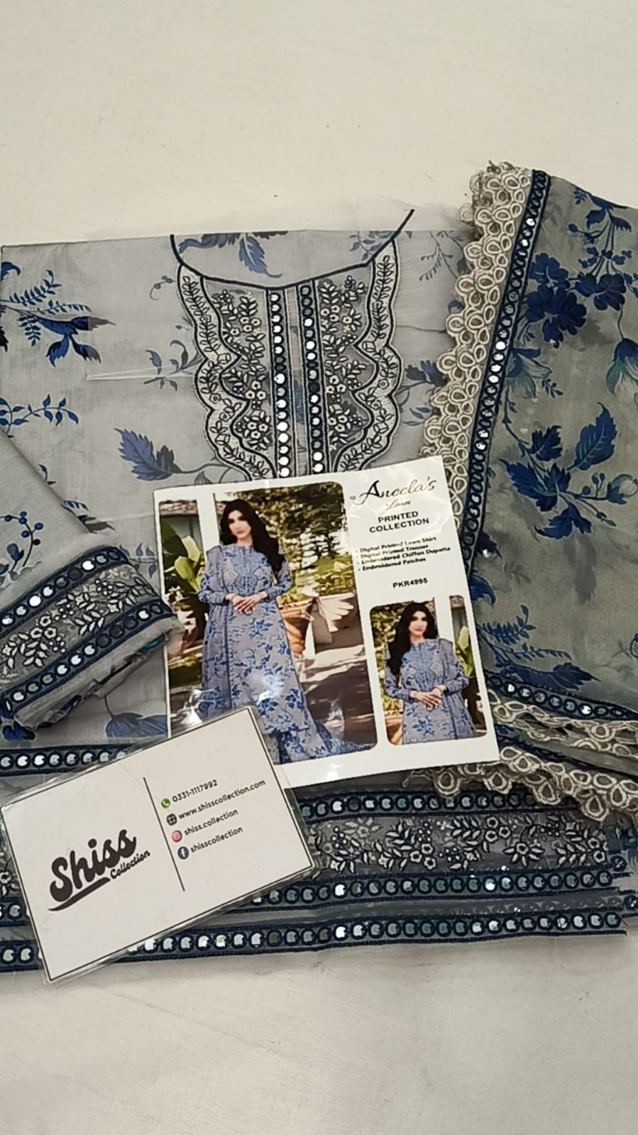 Aneela's Blue Gray Print Luxury Lawn Embroidered 3Piece Unstitched