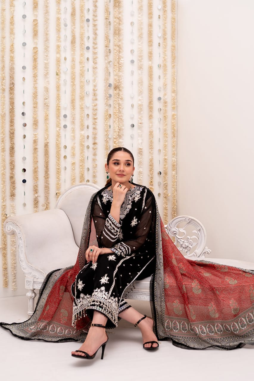 So Kamal Black Chiffon Formal Collection Embroidery Dress 3pc SC 1231