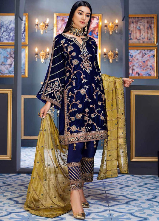 Designer collection velvet Blue Embroidered ready to wear dupatta 3 Piece