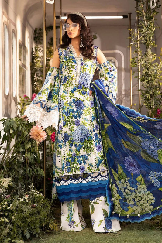 MARIA B MPRINT BLUE & WHITE DIGITAL LAWN EMB DRESS