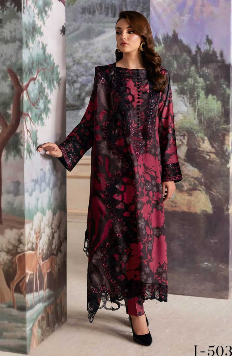 Ramsha Black Red Chiffon Duptta Lawn Emb Summer Collection 3pc Unstitched  SC-1326