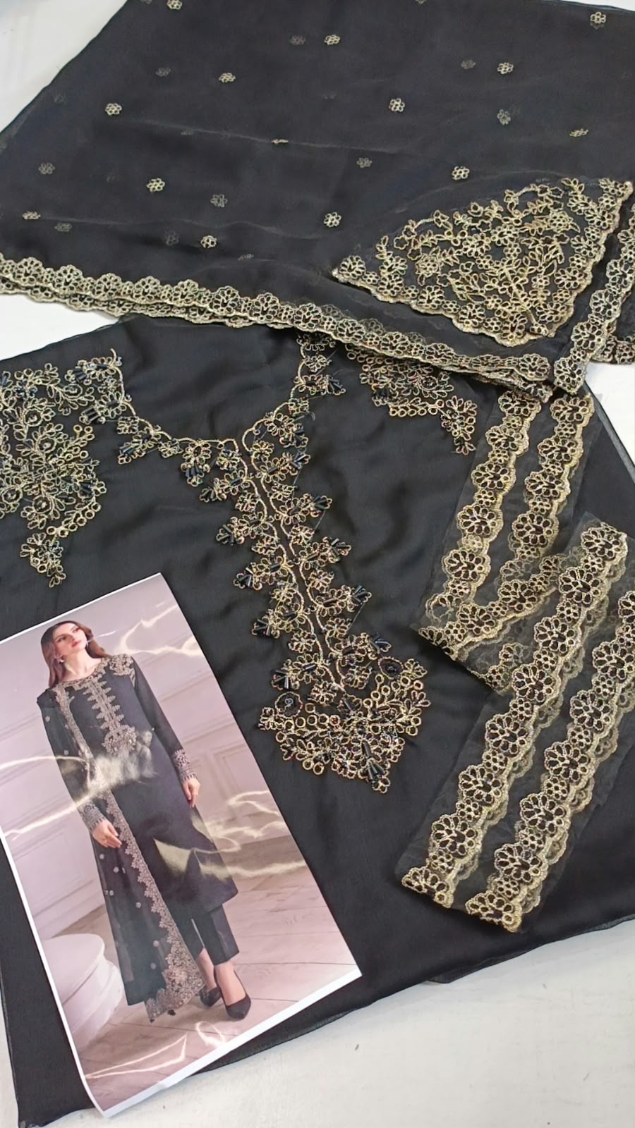 Iznik Black Luxury Chiffon Embroidery Hand Work 3Piece Unstitched