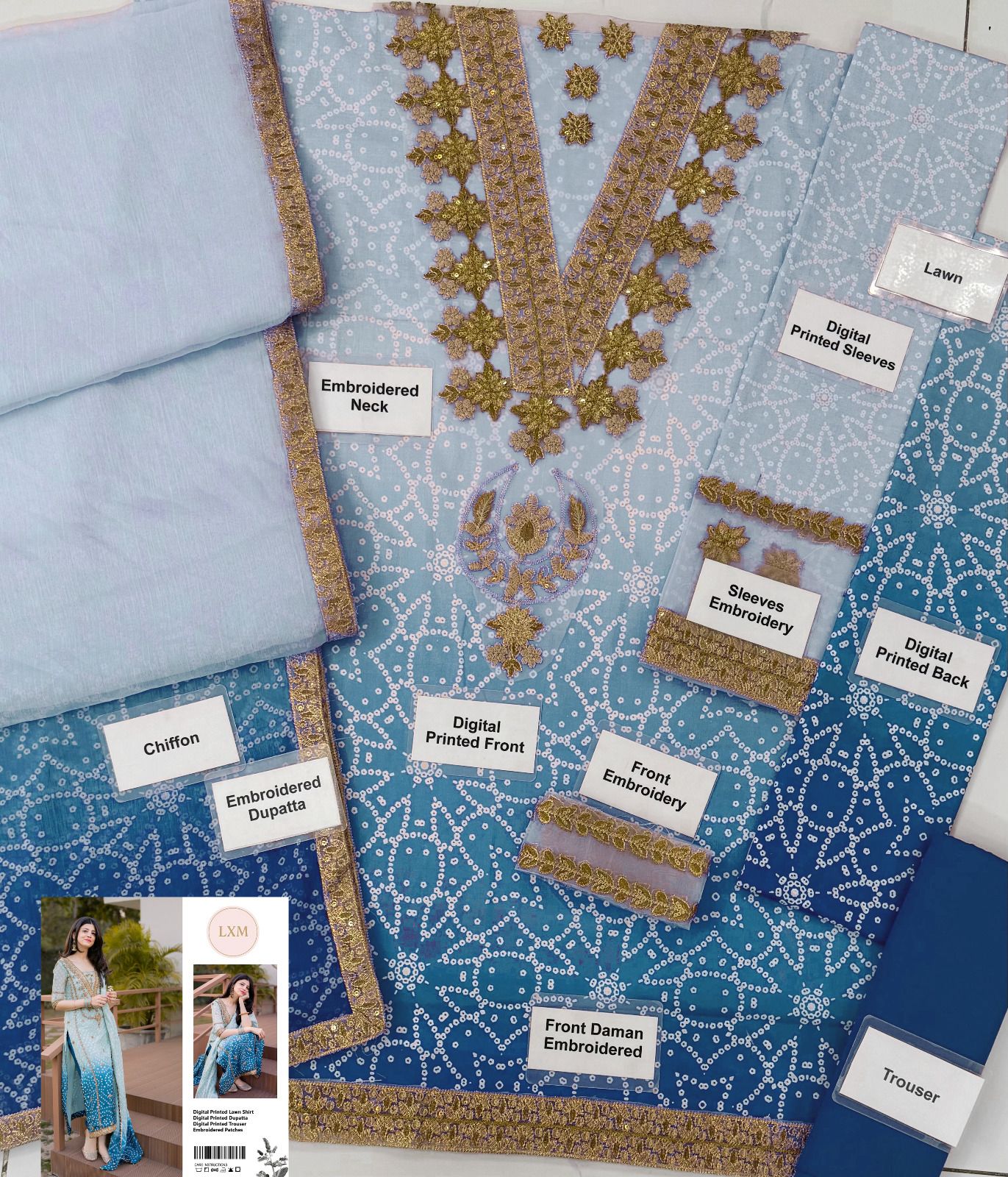 Lxm Blue Printed Lawn New Arrival Embroidry 3 Piece Unstitched