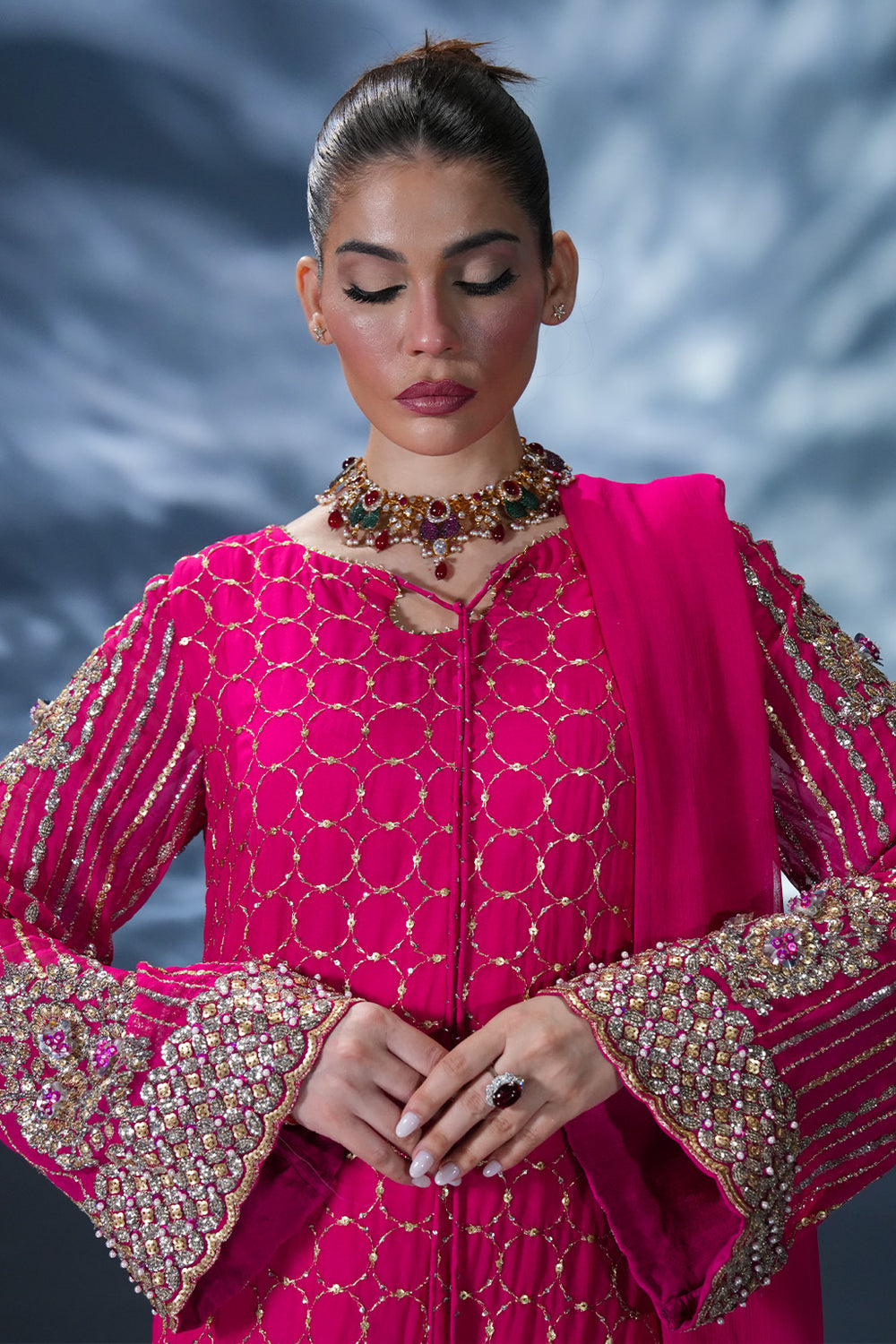 Shiss Collection Shocking Pink Embroidered Chiffon Hand Work Dress 3piece Unstitched