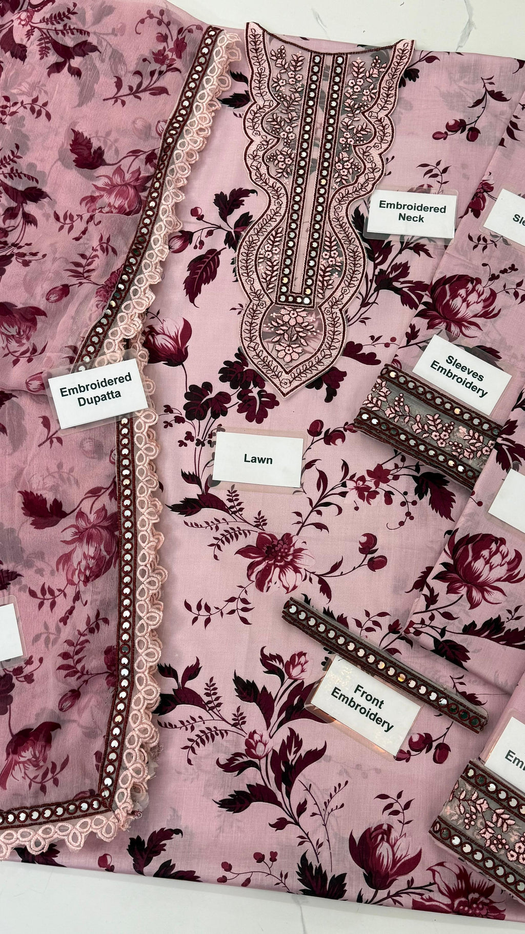 Aneela's Pink Luxury Lawn Embroidered 3Piece Unstitched