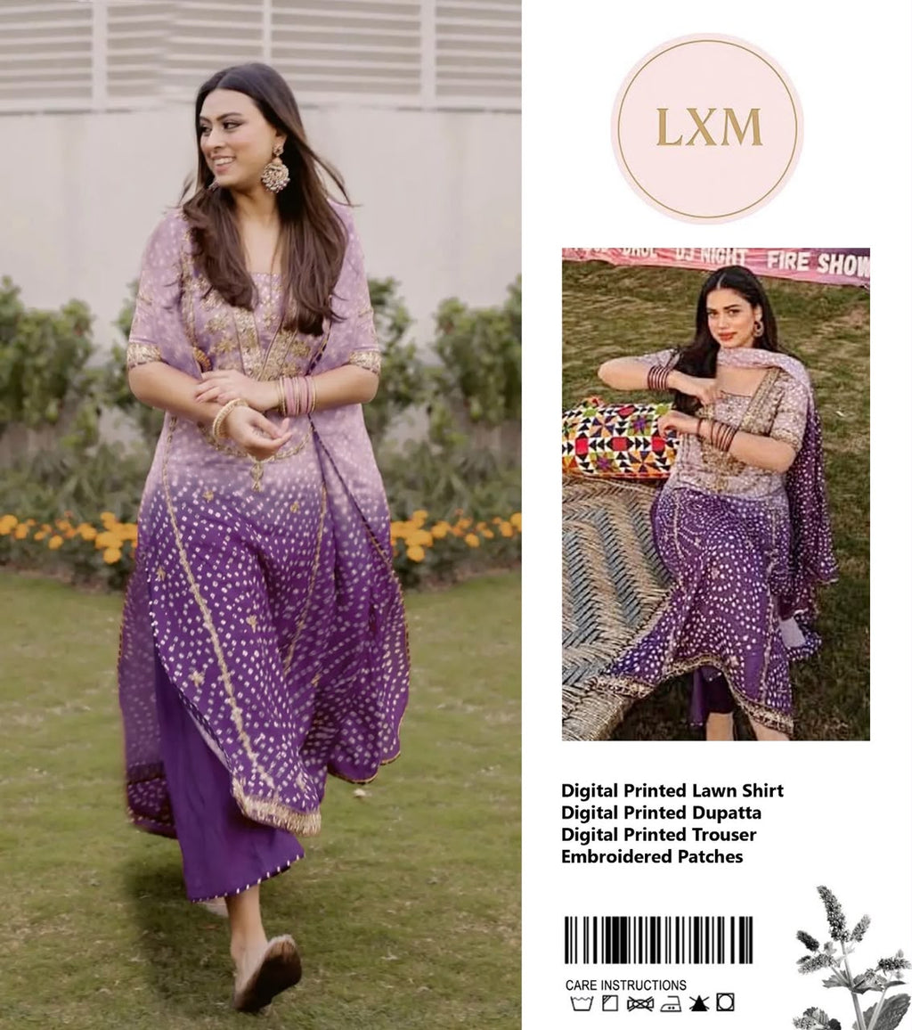 Lxm Purple Printed Lawn New Arrival Embroidry 3 Piece Unstitched