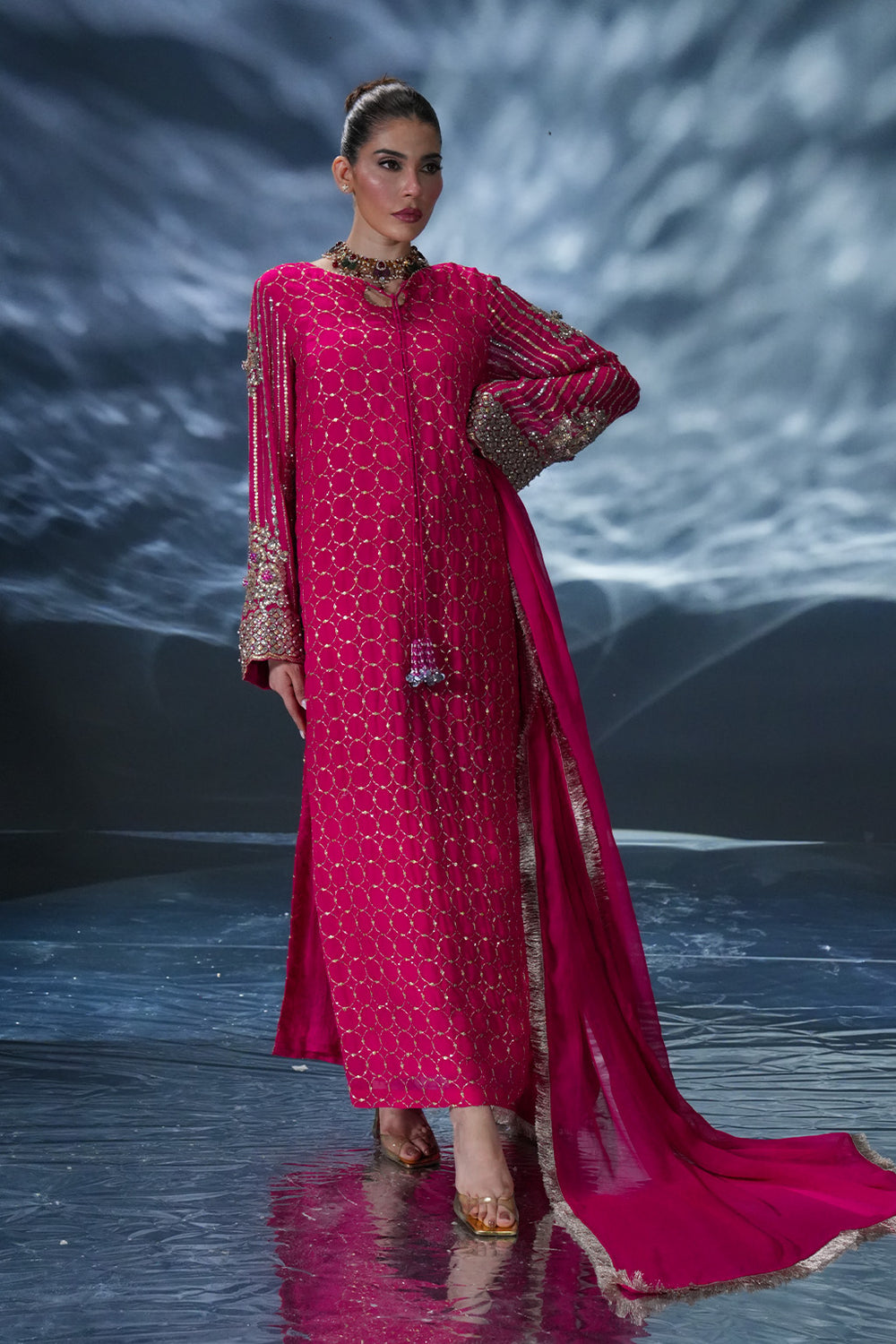 Shiss Collection Shocking Pink Embroidered Chiffon Hand Work Dress 3piece Unstitched