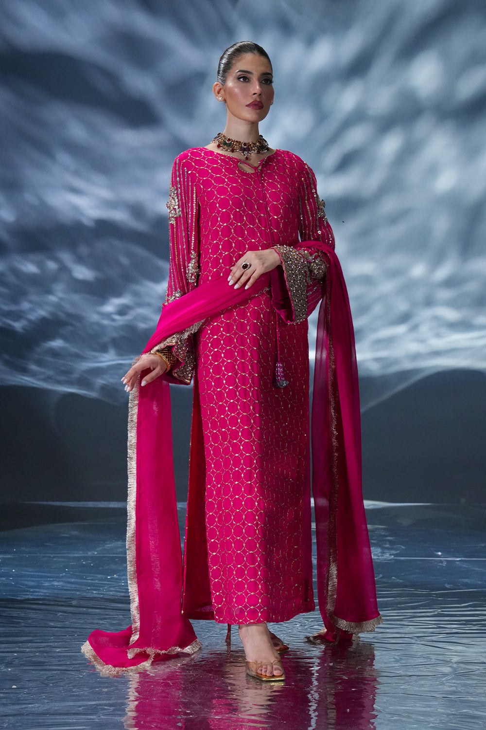 Shiss Collection Shocking Pink Embroidered Chiffon Hand Work Dress 3piece Unstitched