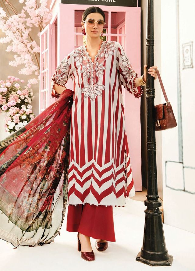 Maria B Red & Skin Stripes New Arrival Lawn Emb 3pc Unstitched SC-1305