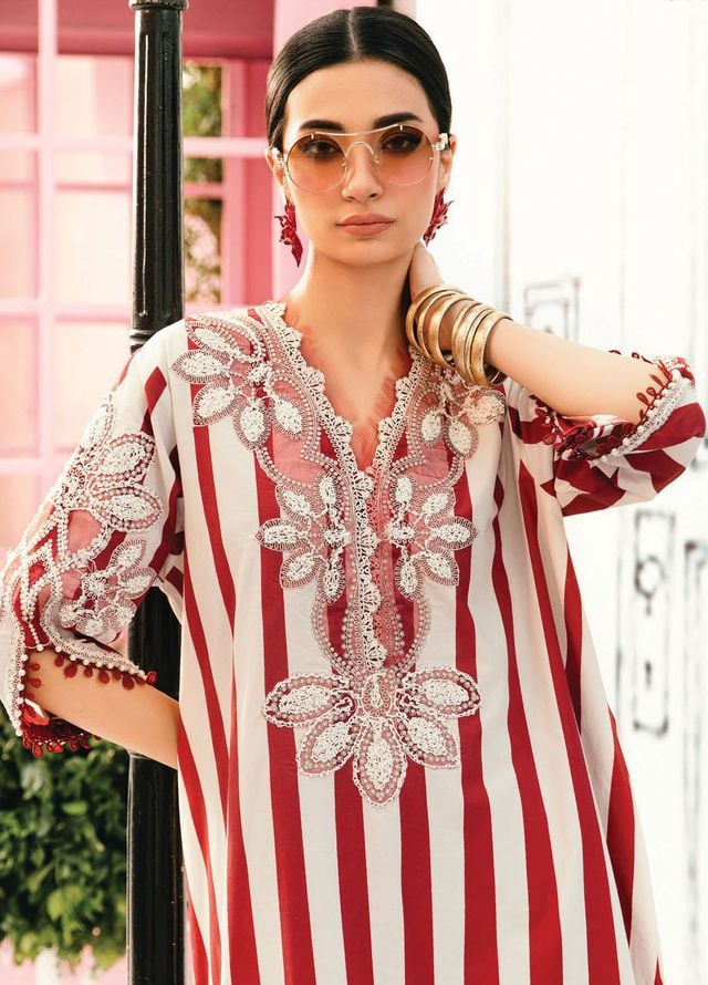 Maria B Red & Skin Stripes New Arrival Lawn Emb 3pc Unstitched SC-1305