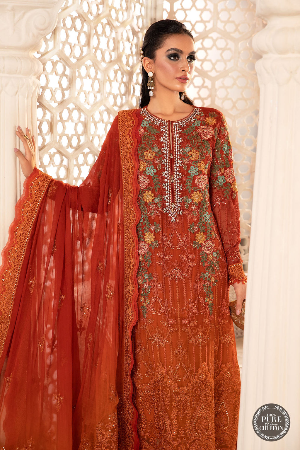 Maria B Chiffon Burnt Orange and Rust Formal Collection SC 1139