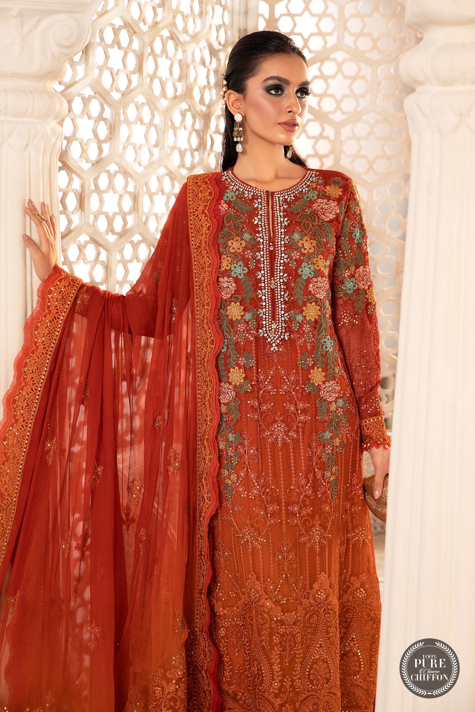 Maria B Chiffon Burnt Orange and Rust Formal Collection SC 1139