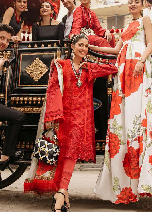 MUSHQ RED LUXURY LAWN CHIKENKARI EMBROIDERED DRESS
