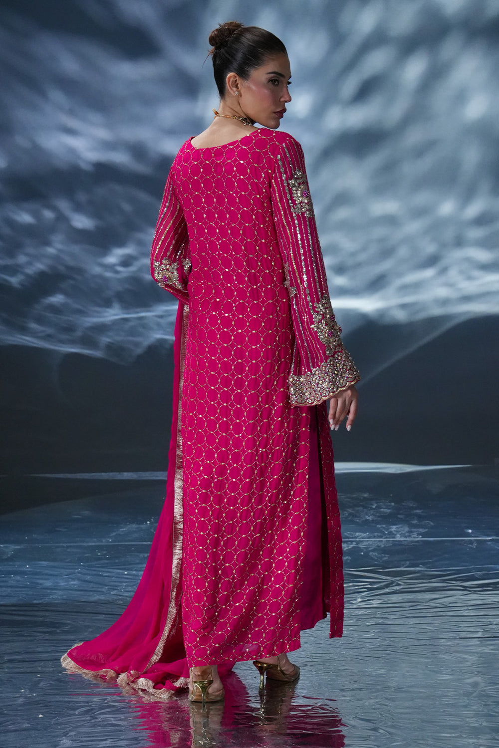 Shiss Collection Shocking Pink Embroidered Chiffon Hand Work Dress 3piece Unstitched