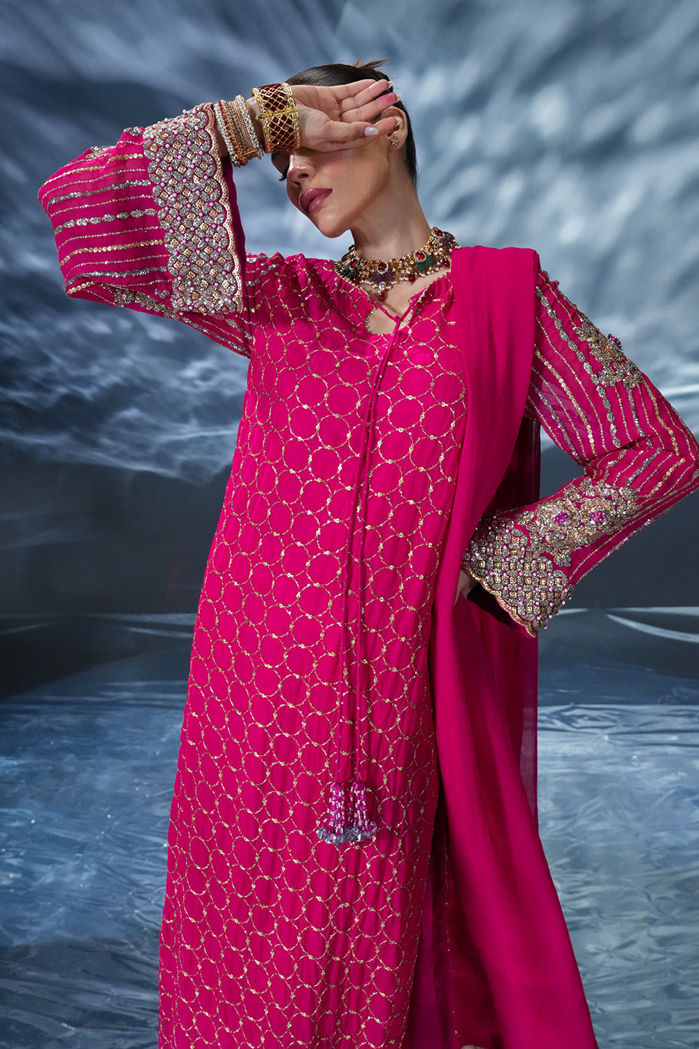 Shiss Collection Shocking Pink Embroidered Chiffon Hand Work Dress 3piece Unstitched