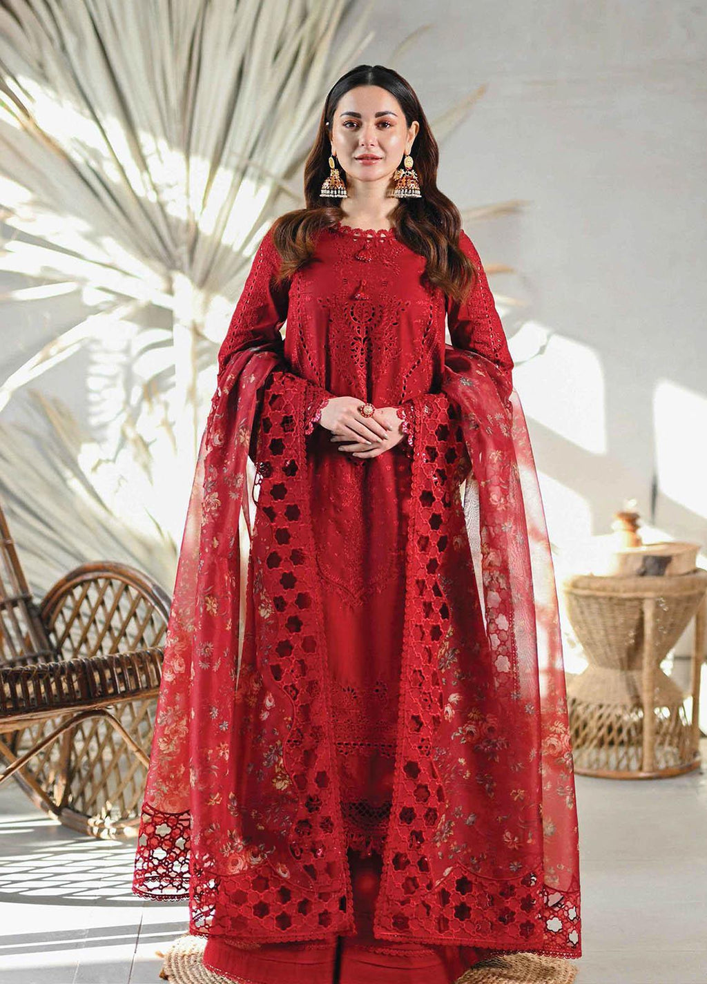 Qalamkar Red Embroidered Lawn Suits Chikankari Collection SC 1224