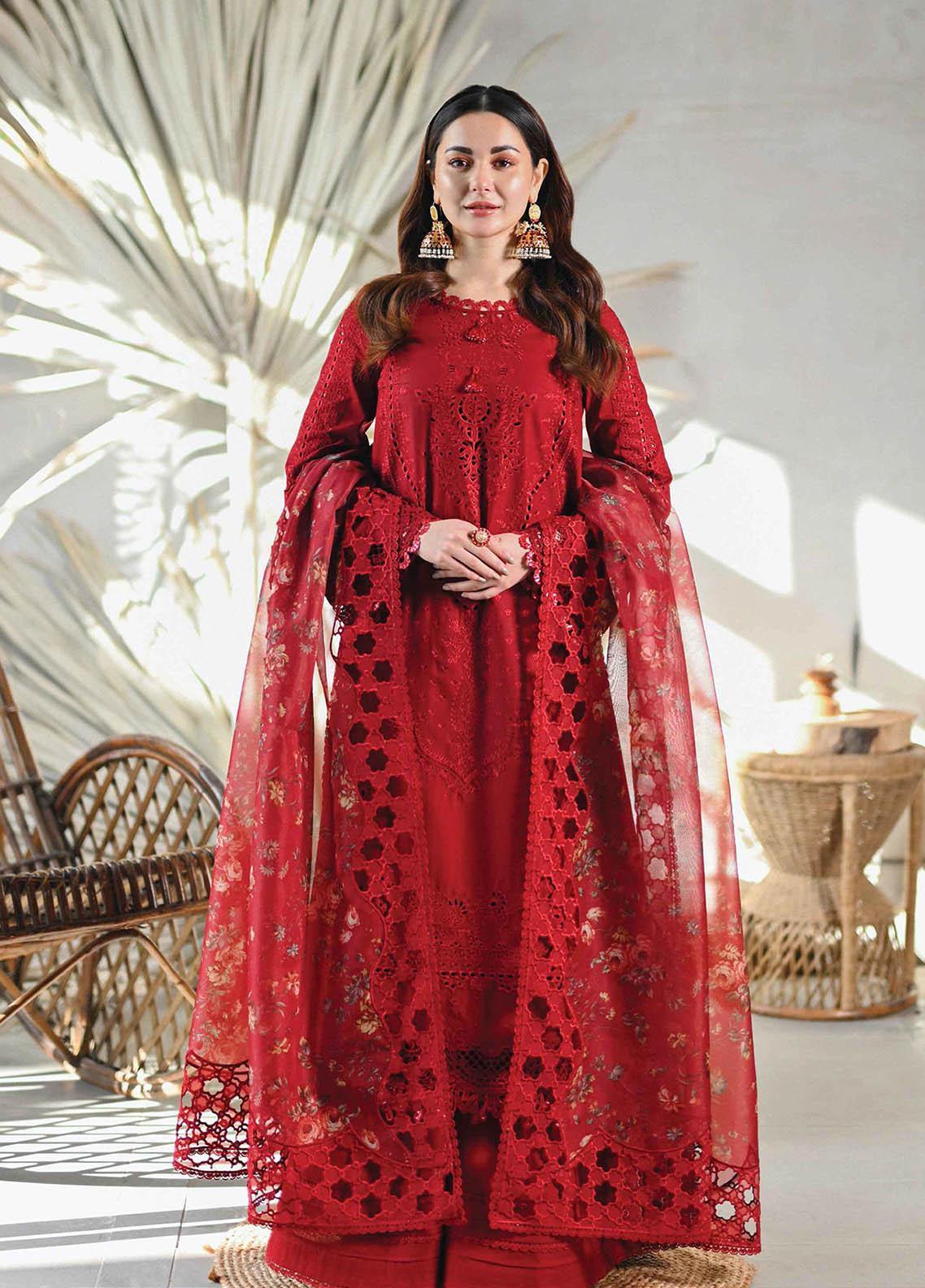 Qalamkar Red Embroidered Lawn Suits Chikankari Collection SC 1224