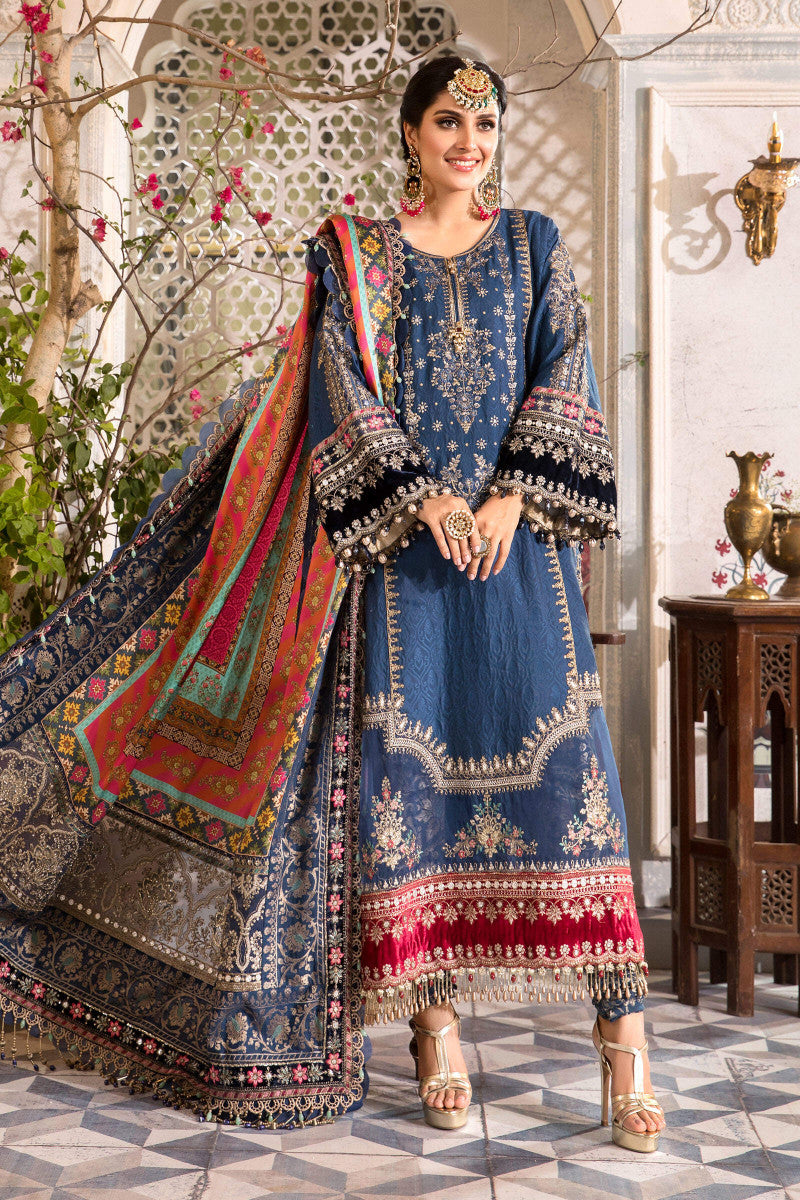 M.B Blue Embroidered Unstitched 3 Piece Chiffon Suit MBL-BD-2407-22-Party Wear SC 1063