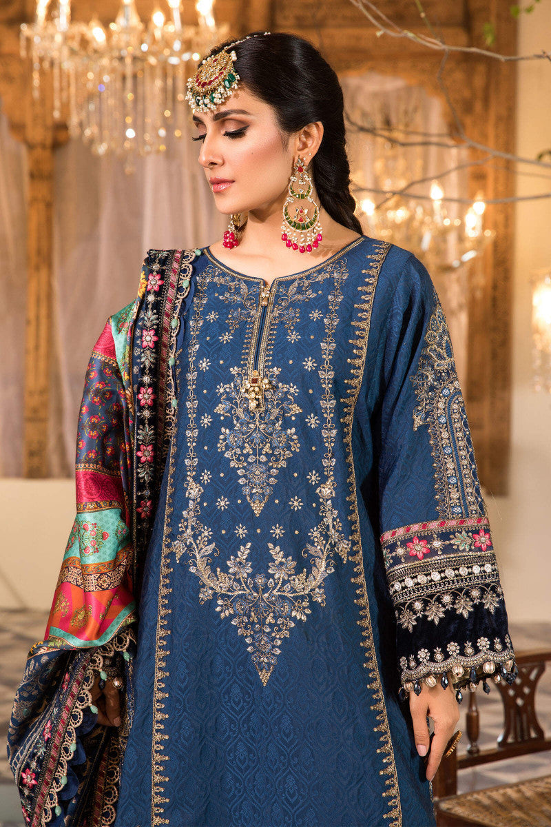 M.B Blue Embroidered Unstitched 3 Piece Chiffon Suit MBL-BD-2407-22-Party Wear SC 1063