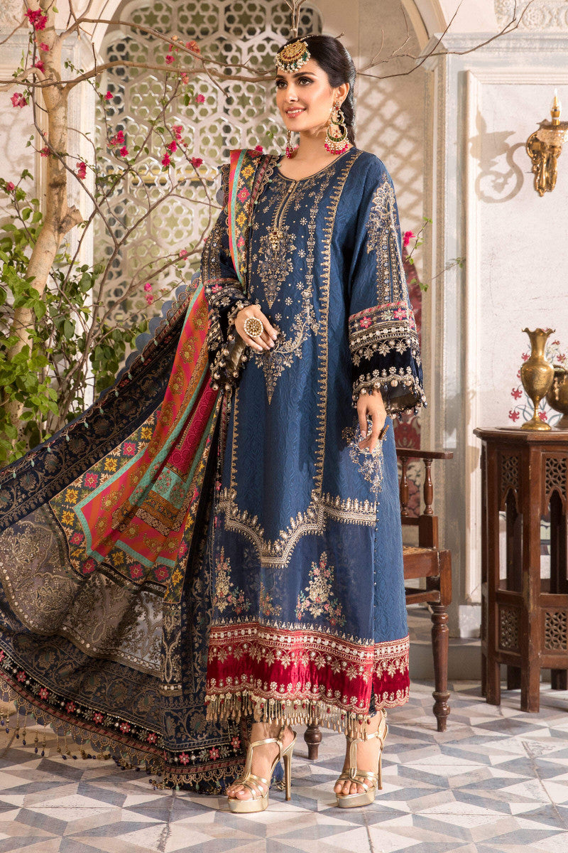 M.B Blue Embroidered Unstitched 3 Piece Chiffon Suit MBL-BD-2407-22-Party Wear SC 1063