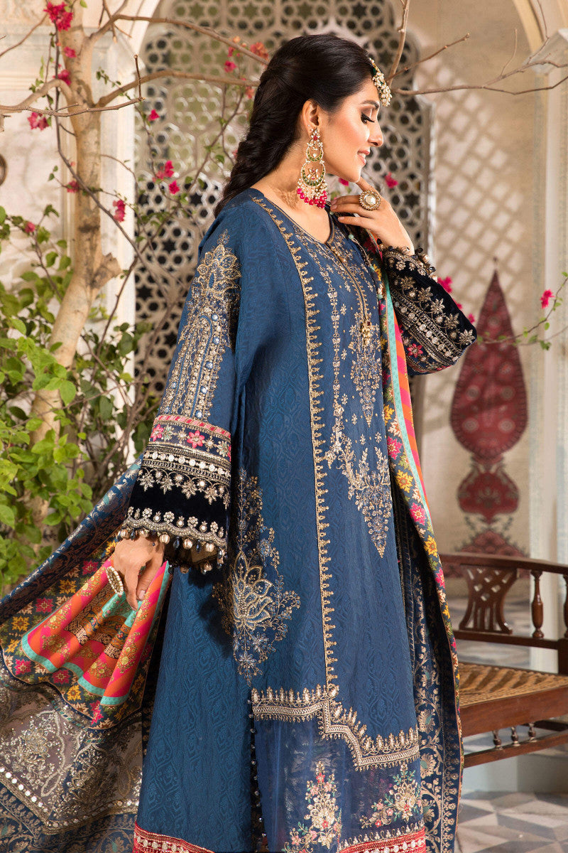 M.B Blue Embroidered Unstitched 3 Piece Chiffon Suit MBL-BD-2407-22-Party Wear SC 1063